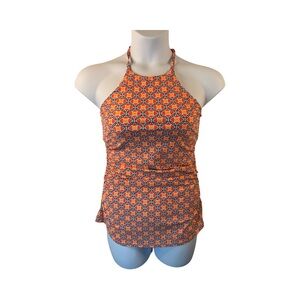 Womens NWT 2 Chilies Orange Floral Tankini Swim Top SZ L Adj High Neck